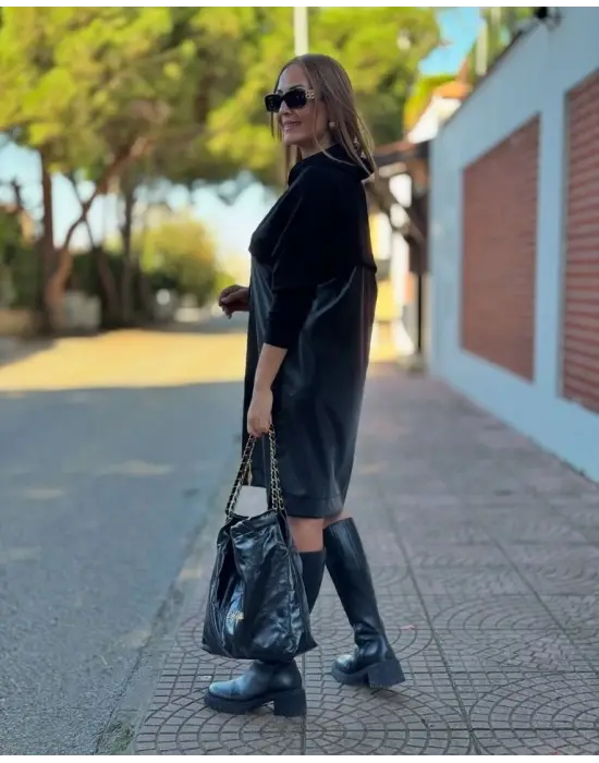 Kadın Uzun Kollu Kapüşon Ve Deri Detay Diz üstü Elbise