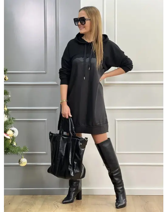 Kadın Uzun Kollu Kapüşon Ve Deri Detay Diz üstü Elbise