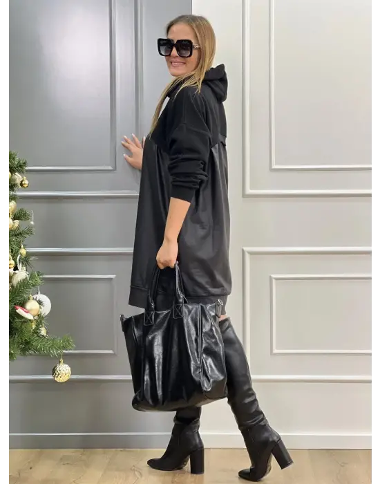 Kadın Uzun Kollu Kapüşon Ve Deri Detay Diz üstü Elbise