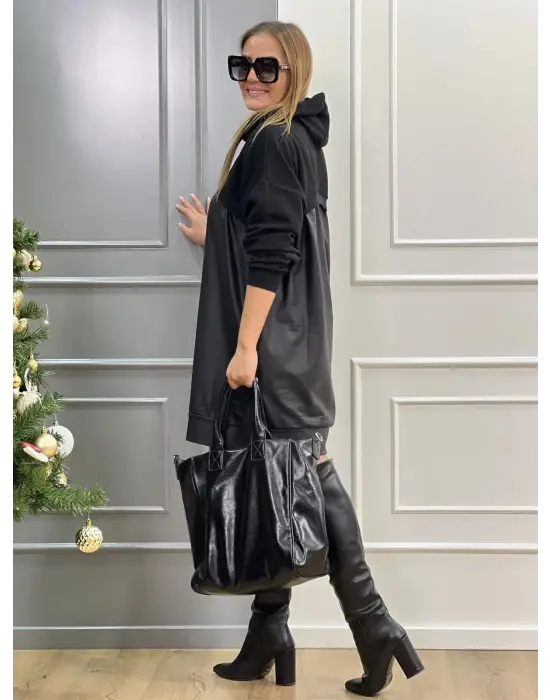 Kadın Uzun Kollu Kapüşon Ve Deri Detay Diz üstü Elbise