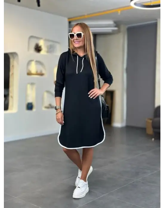 Kadın Uzun Kollu Kapüşon Ve Ribana Detay Diz üstü Elbise