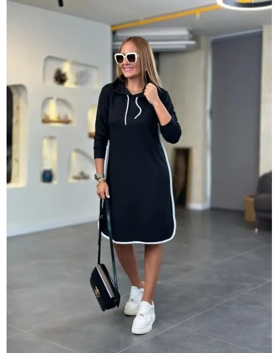 Kadın Uzun Kollu Kapüşon Ve Ribana Detay Diz üstü Elbise