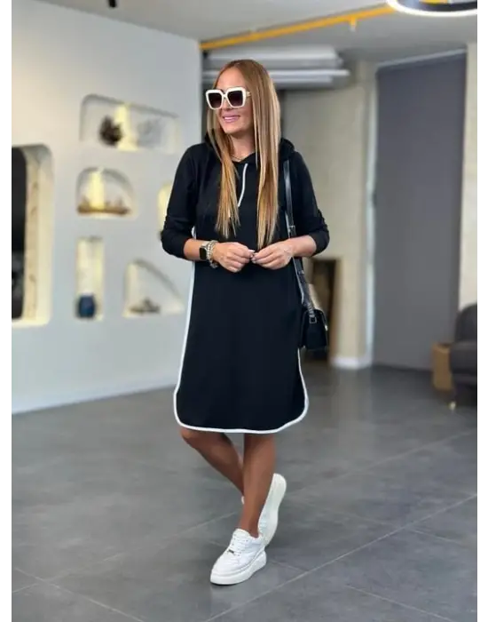 Kadın Uzun Kollu Kapüşon Ve Ribana Detay Diz üstü Elbise