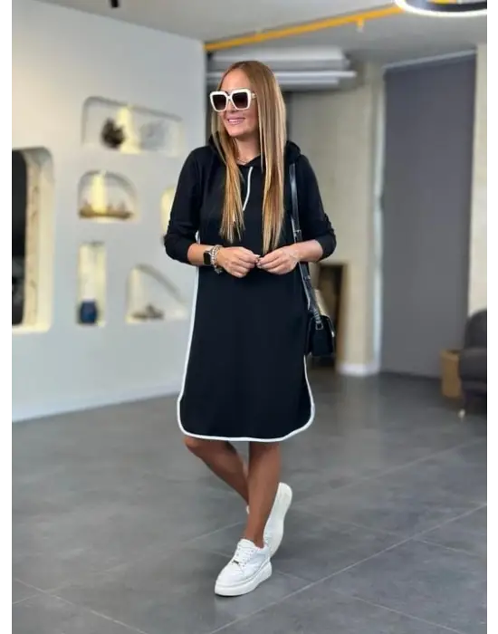 Kadın Uzun Kollu Kapüşon Ve Ribana Detay Diz üstü Elbise