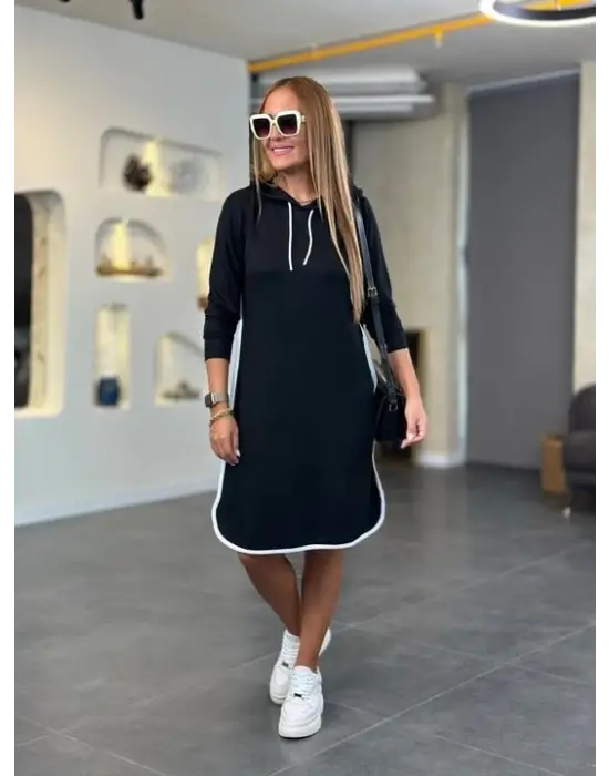 Kadın Uzun Kollu Kapüşon Ve Ribana Detay Diz üstü Elbise