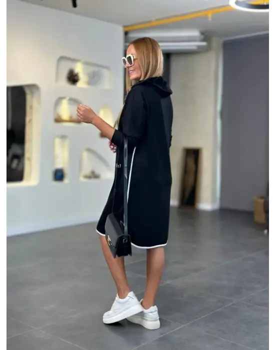 Kadın Uzun Kollu Kapüşon Ve Ribana Detay Diz üstü Elbise