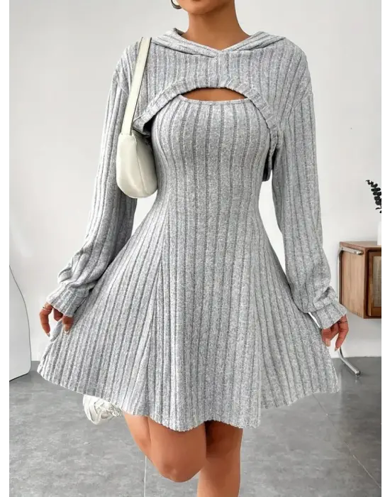 Kadın Uzun Kollu Kapüşonlu Ceket üst Ve Askısız Kare Yaka A Kesim şardonlu Kaşkorse Elbise