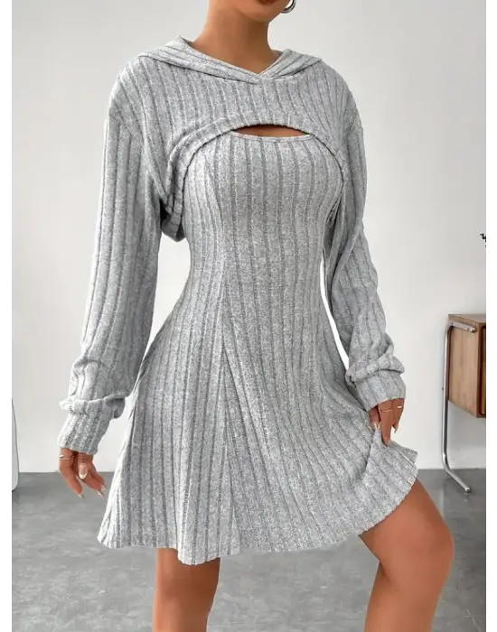 Kadın Uzun Kollu Kapüşonlu Ceket üst Ve Askısız Kare Yaka A Kesim şardonlu Kaşkorse Elbise