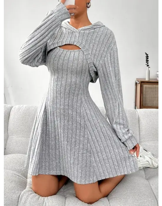 Kadın Uzun Kollu Kapüşonlu Ceket üst Ve Askısız Kare Yaka A Kesim şardonlu Kaşkorse Elbise