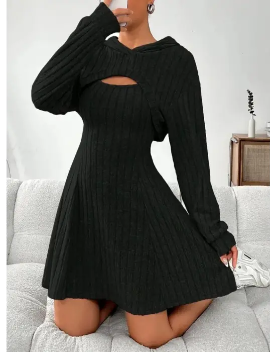 Kadın Uzun Kollu Kapüşonlu Ceket üst Ve Askısız Kare Yaka A Kesim şardonlu Kaşkorse Elbise