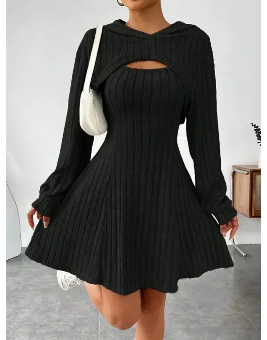 Kadın Uzun Kollu Kapüşonlu Ceket üst Ve Askısız Kare Yaka A Kesim şardonlu Kaşkorse Elbise