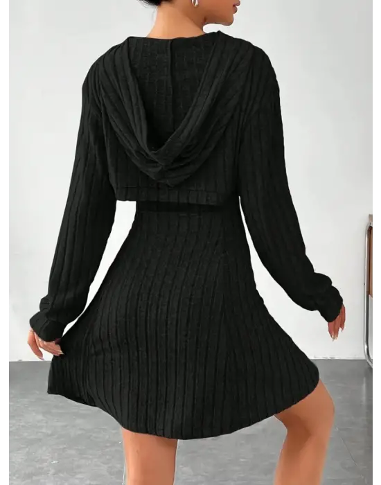 Kadın Uzun Kollu Kapüşonlu Ceket üst Ve Askısız Kare Yaka A Kesim şardonlu Kaşkorse Elbise