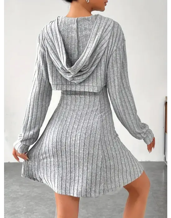 Kadın Uzun Kollu Kapüşonlu Ceket üst Ve Askısız Kare Yaka A Kesim şardonlu Kaşkorse Elbise