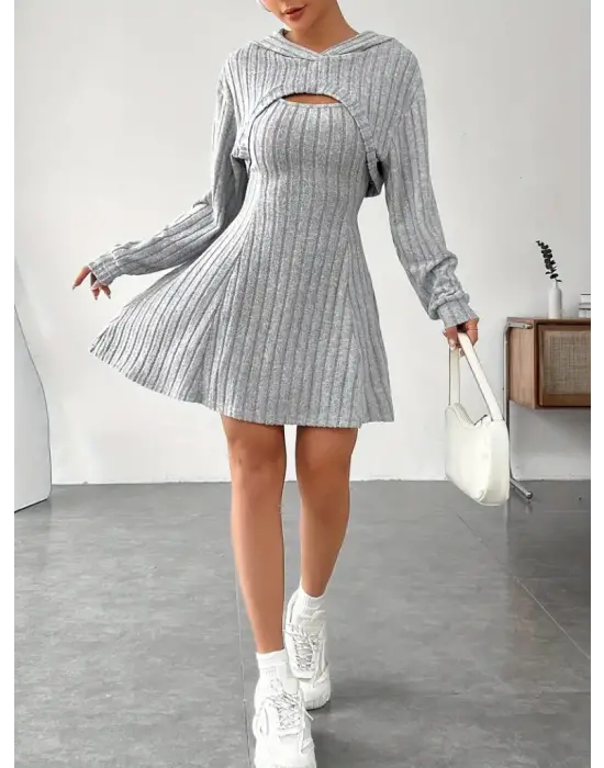 Kadın Uzun Kollu Kapüşonlu Ceket üst Ve Askısız Kare Yaka A Kesim şardonlu Kaşkorse Elbise