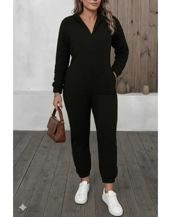 Kadın Uzun Kollu Kapüşonlu Tavşan Kulak Detaylı Peluş Tulum