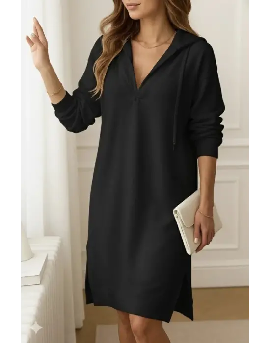 Kadın Uzun Kollu Kapüşonlu Yakası Açık Modal Elbise