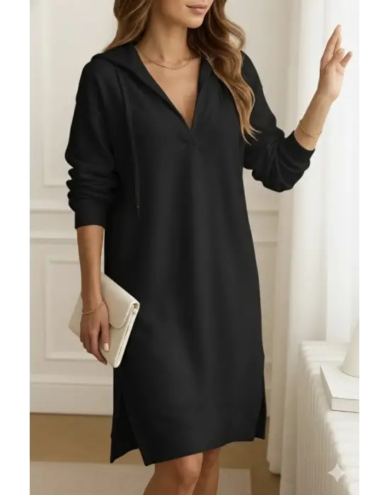 Kadın Uzun Kollu Kapüşonlu Yakası Açık Modal Elbise