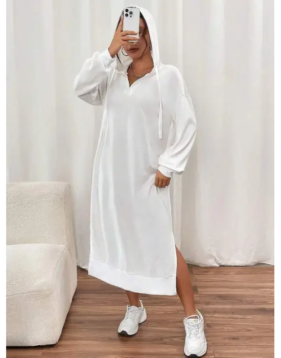 Kadın Uzun Kollu Kapüşonlu Yakası Açık Modal Elbise