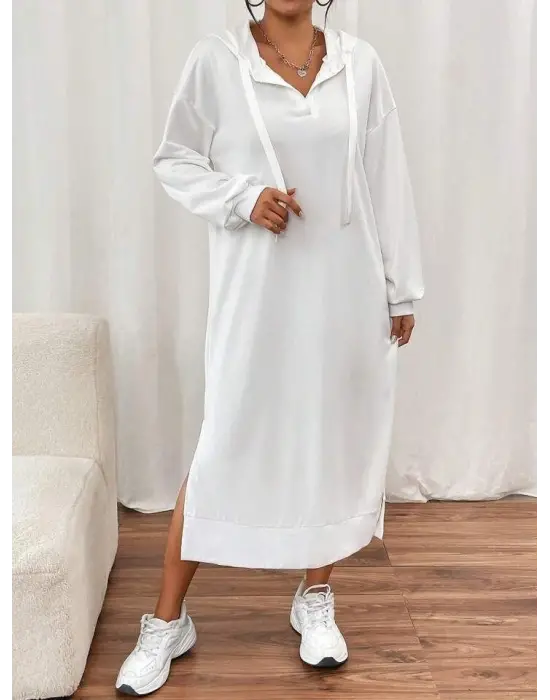 Kadın Uzun Kollu Kapüşonlu Yakası Açık Modal Elbise