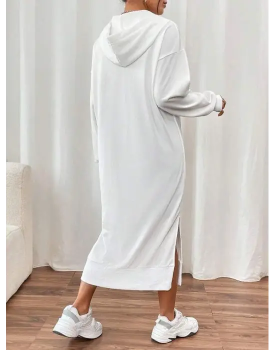 Kadın Uzun Kollu Kapüşonlu Yakası Açık Modal Elbise