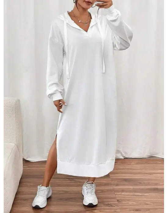 Kadın Uzun Kollu Kapüşonlu Yakası Açık Modal Elbise