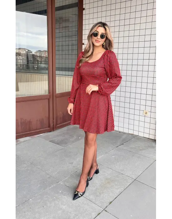 Kadın Uzun Kollu Kare Kalp Yakalı Mini Modal Elbise