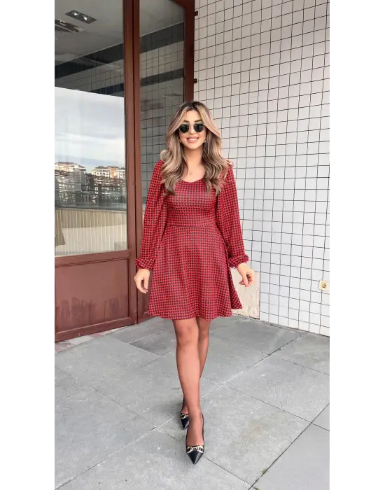 Kadın Uzun Kollu Kare Kalp Yakalı Mini Modal Elbise