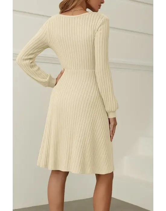 Kadın Uzun Kollu Kare Yaka Düğmeli Kısa şardonlu Iki Iplik Mini Elbise