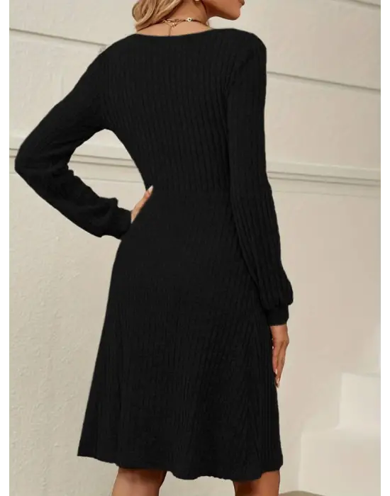 Kadın Uzun Kollu Kare Yaka Düğmeli Kısa şardonlu Iki Iplik Mini Elbise