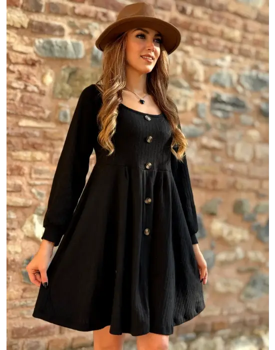 Kadın Uzun Kollu Kare Yaka Düğmeli Kısa şardonlu Iki Iplik Mini Elbise