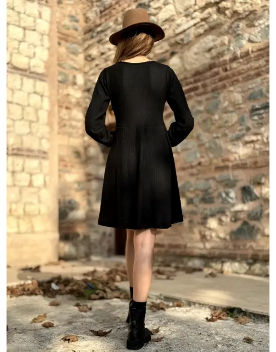 Kadın Uzun Kollu Kare Yaka Düğmeli Kısa şardonlu Iki Iplik Mini Elbise