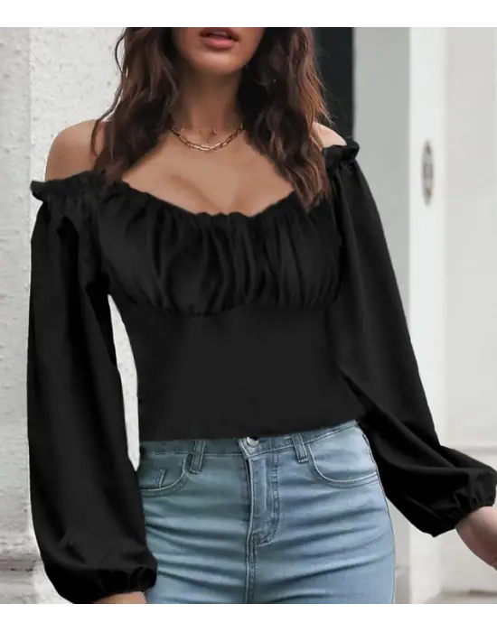 Omarı Şık Kadın Uzun Kollu Göğüs Detaylı Bluz