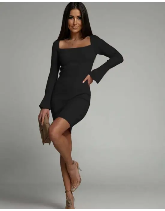 Kadın Uzun Kollu Kare Yaka Kol Ucu Ispanyol Triko Elbise