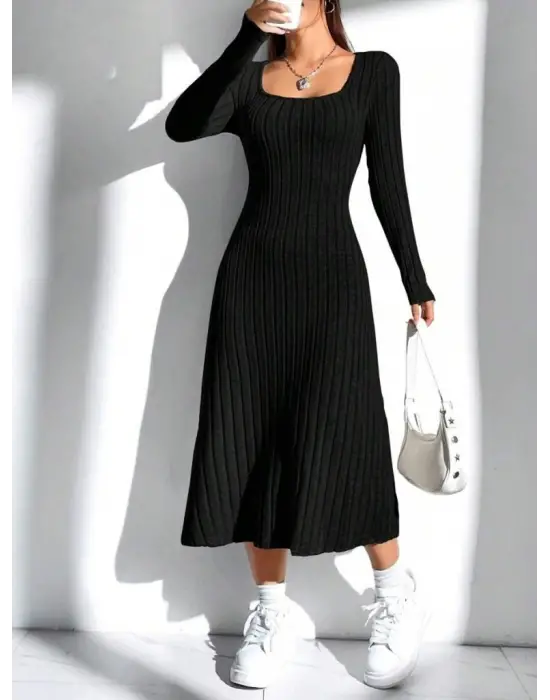 Kadın Uzun Kollu Kare Yaka Midi Kaşkorse Elbise