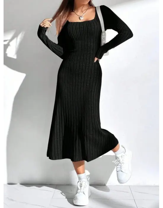 Kadın Uzun Kollu Kare Yaka Midi Kaşkorse Elbise