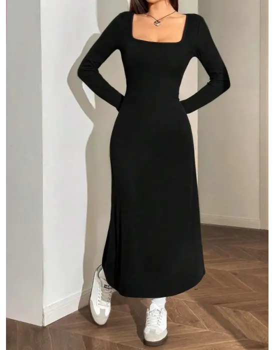 Kadın Uzun Kollu Kare Yaka Midi Kaşkorse Elbise