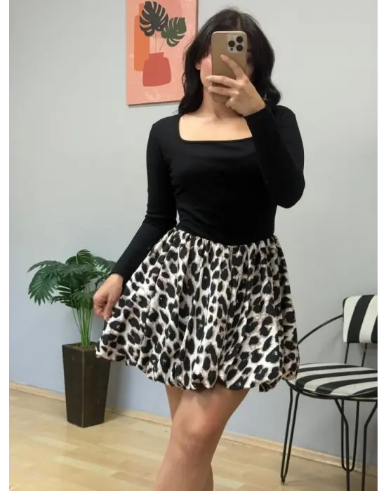 Kadın Uzun Kollu Kare Yaka Mini Balon Modal Elbise