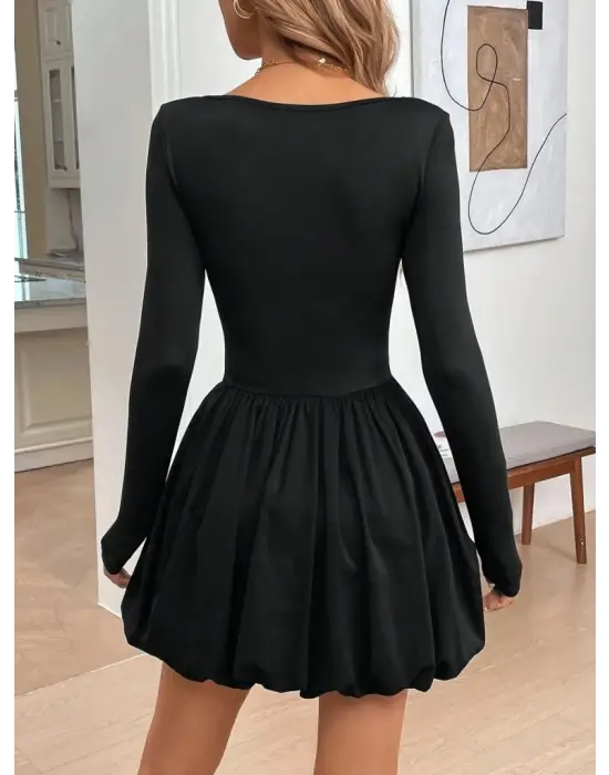 Kadın Uzun Kollu Kare Yaka Mini Balon Modal Elbise