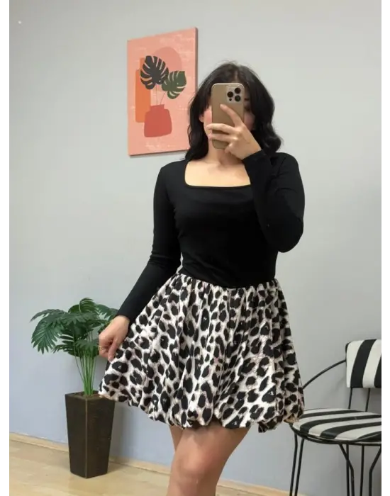 Kadın Uzun Kollu Kare Yaka Mini Balon Modal Elbise