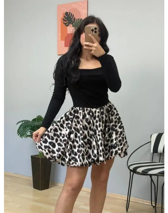 Kadın Uzun Kollu Kare Yaka Mini Balon Modal Elbise