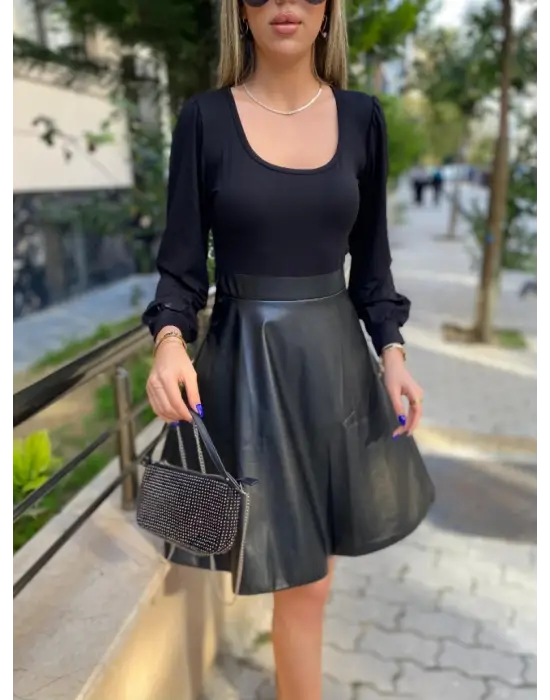 Kadın Uzun Kollu Kare Yaka üst Viskon Alt Deri Mini Elbise