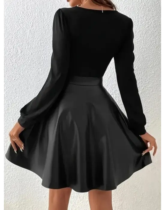 Kadın Uzun Kollu Kare Yaka üst Viskon Alt Deri Mini Elbise