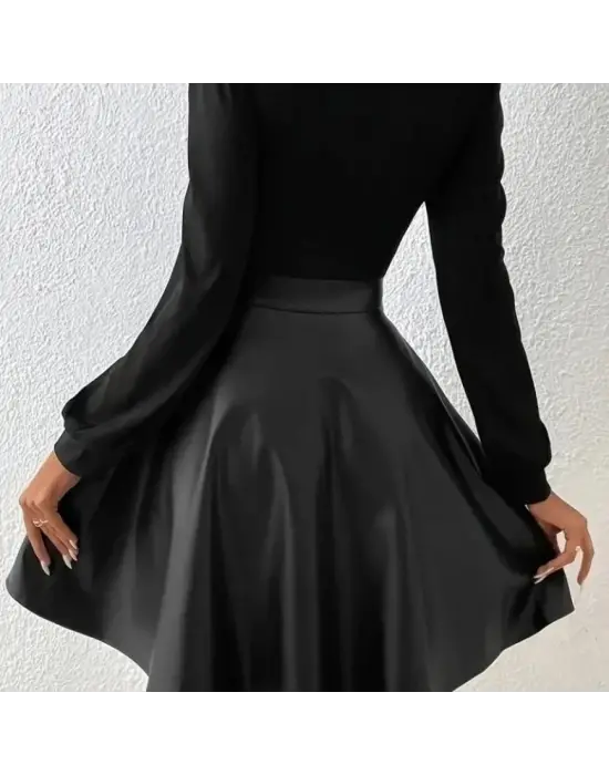 Kadın Uzun Kollu Kare Yaka üst Viskon Alt Deri Mini Elbise