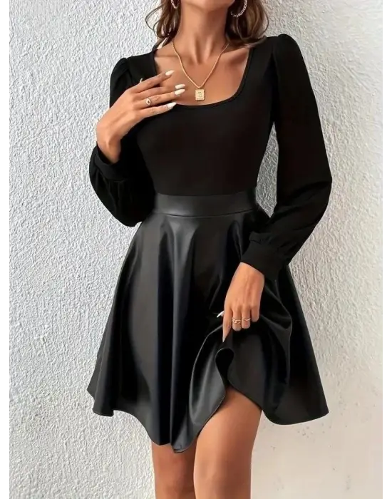 Kadın Uzun Kollu Kare Yaka üst Viskon Alt Deri Mini Elbise