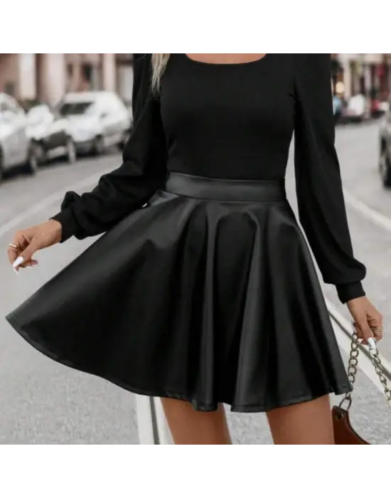 Kadın Uzun Kollu Kare Yaka üst Viskon Alt Deri Mini Elbise