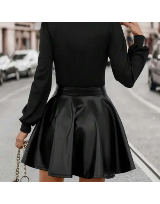 Kadın Uzun Kollu Kare Yaka üst Viskon Alt Deri Mini Elbise