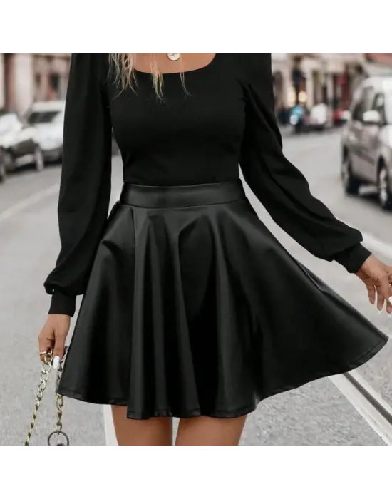 Kadın Uzun Kollu Kare Yaka üst Viskon Alt Deri Mini Elbise