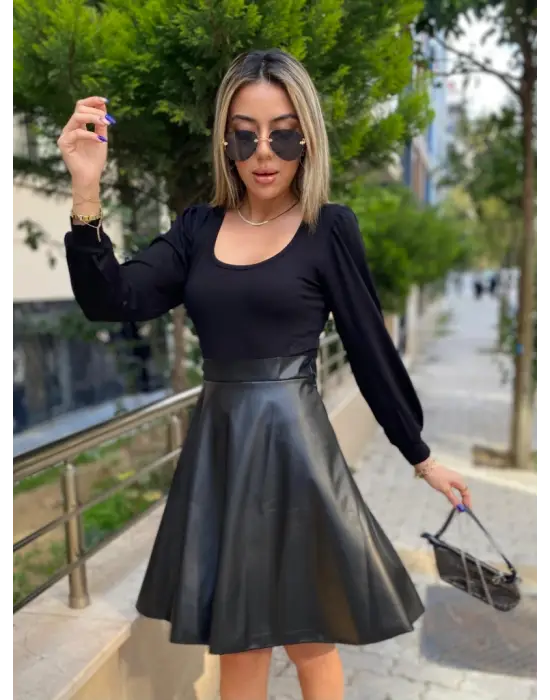 Kadın Uzun Kollu Kare Yaka üst Viskon Alt Deri Mini Elbise