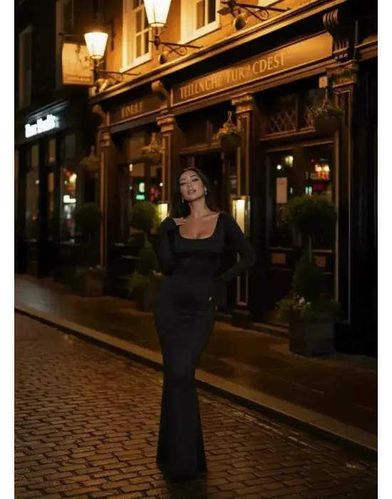 Kadın Uzun Kollu Kare Yaka Volanlı Manşet Detay Maxi Boy Elbise