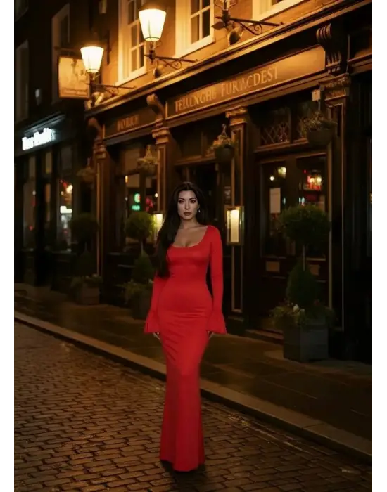 Kadın Uzun Kollu Kare Yaka Volanlı Manşet Detay Maxi Boy Elbise